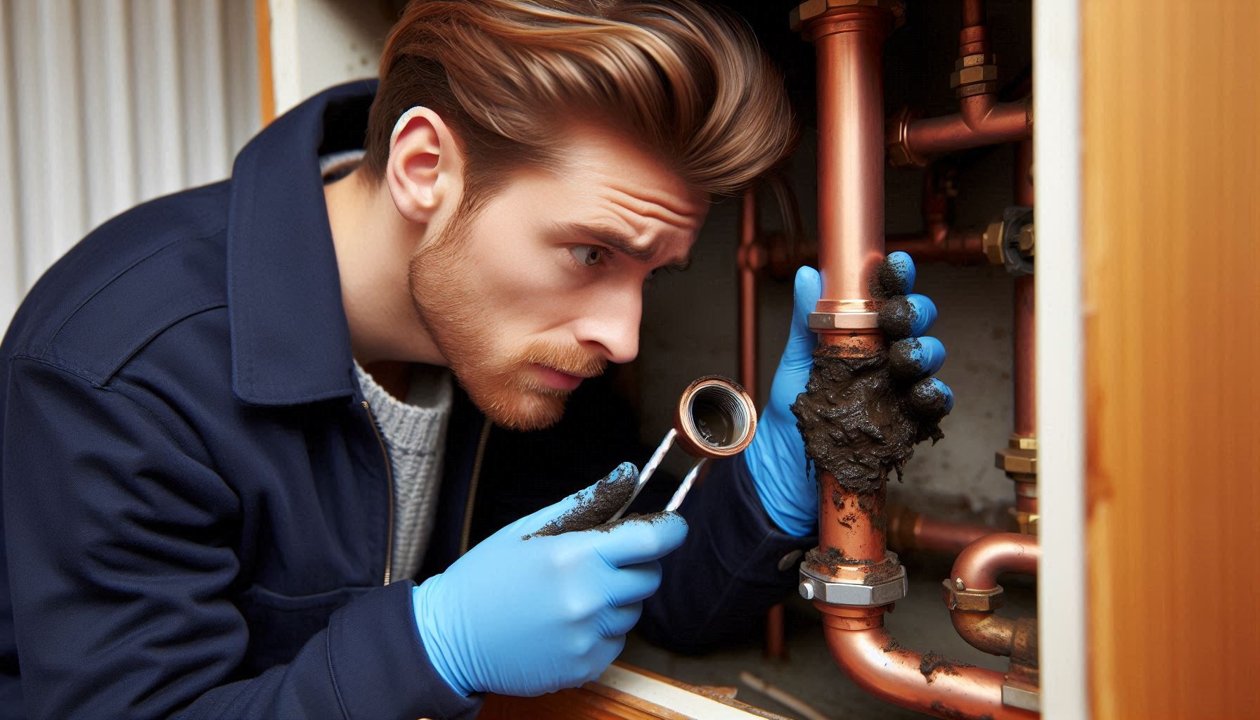 Boiler in Navy Blue Jacket inspecting copper pipes with black sludge